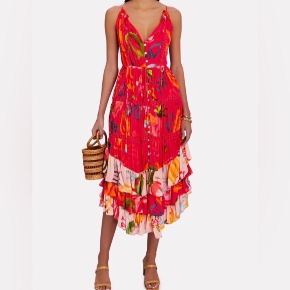 FARM Rio Red Multi-Color Tiered Midi Dress - Picture 3 of 12